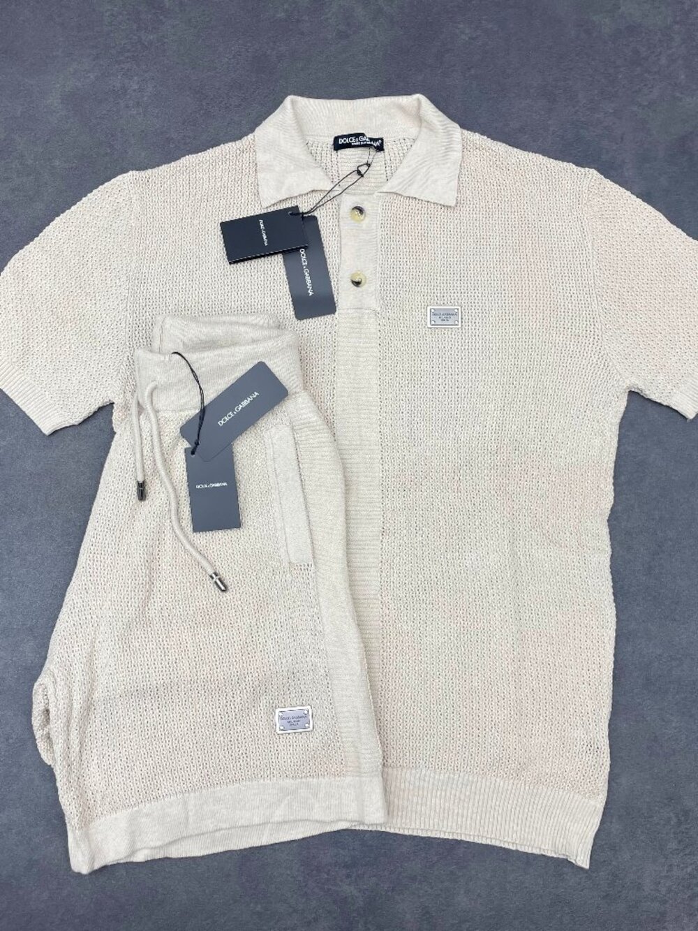 Dolce & Gabbana Men’s Cream Knit Polo Shirt & Shorts Set- Size XL